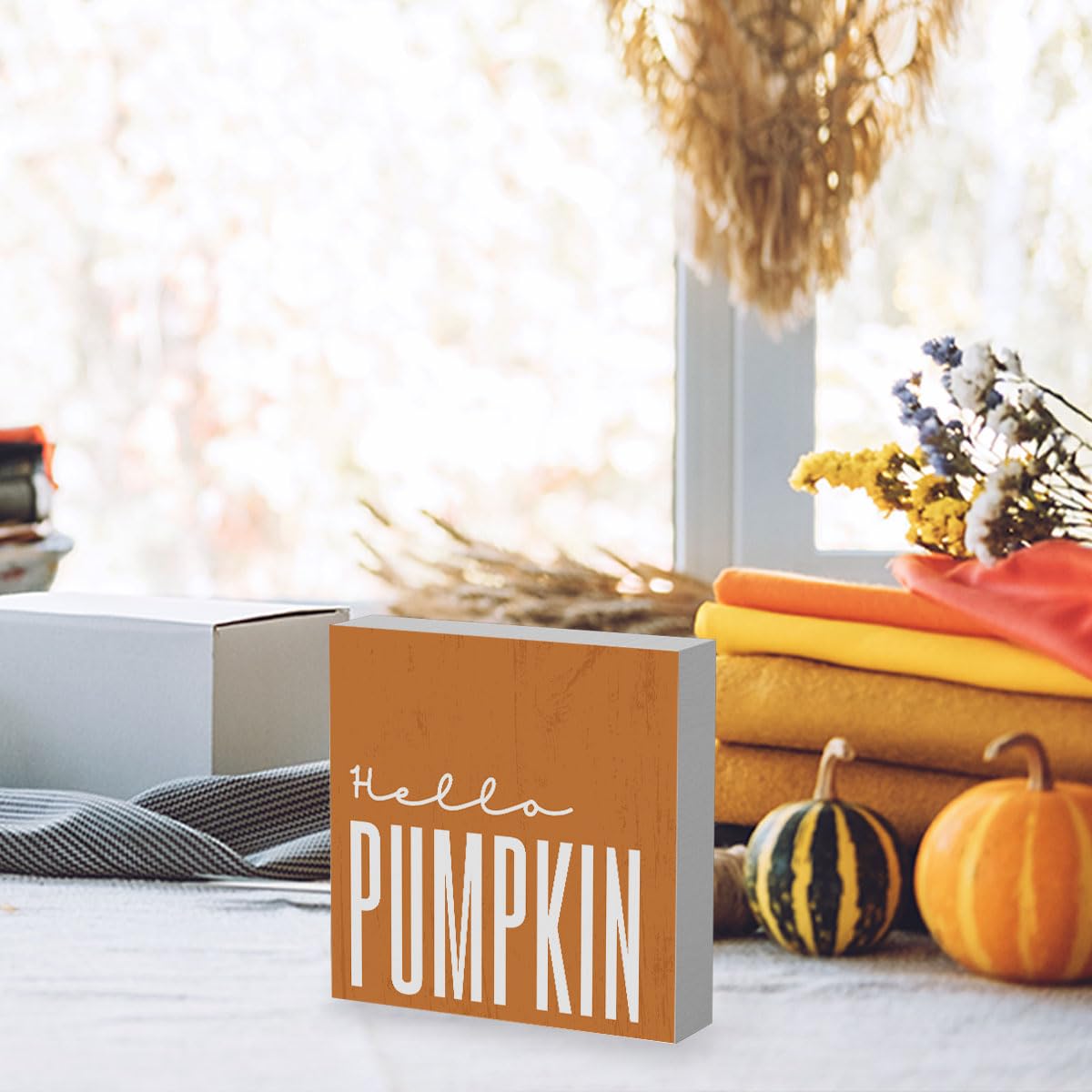 Rustic Hello Pumpkins Sign Fall Decorations for Home Office Indoor Fall Desk Decor for Bathroom Bedroom Autumn Thansgiving Decor