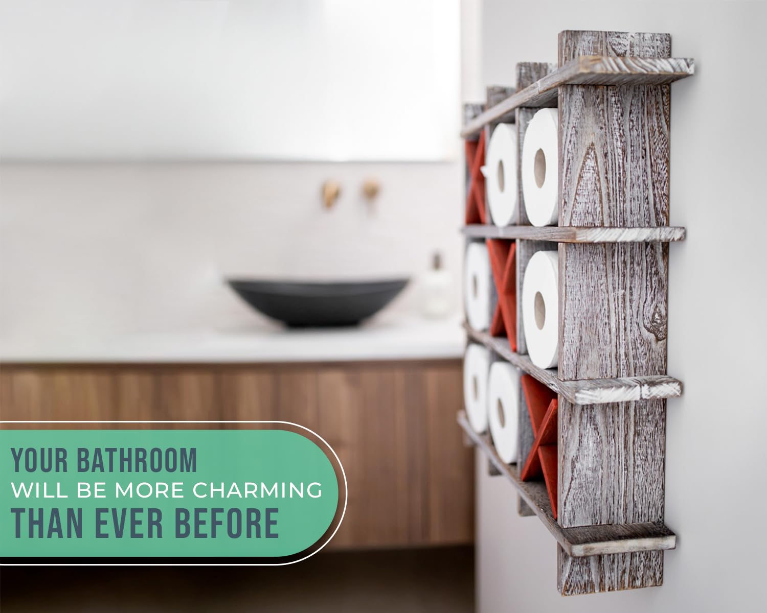 Rustic Tic-Tac-Toe Toilet Paper Holder For Bathroom - Rustic Storage Shelves For Toilet Tissue In Distressed White Color - Frees