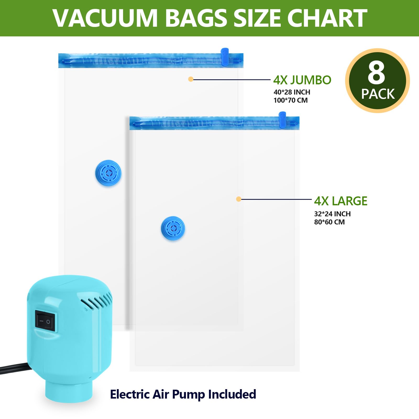 Bamcoo Vacuum Storage Bags With Electric Pump, 8 Pack (4 Jumbo 4 Large Vacuum Seal Bags For Clothing) Storage Bags Vacuum Sealed