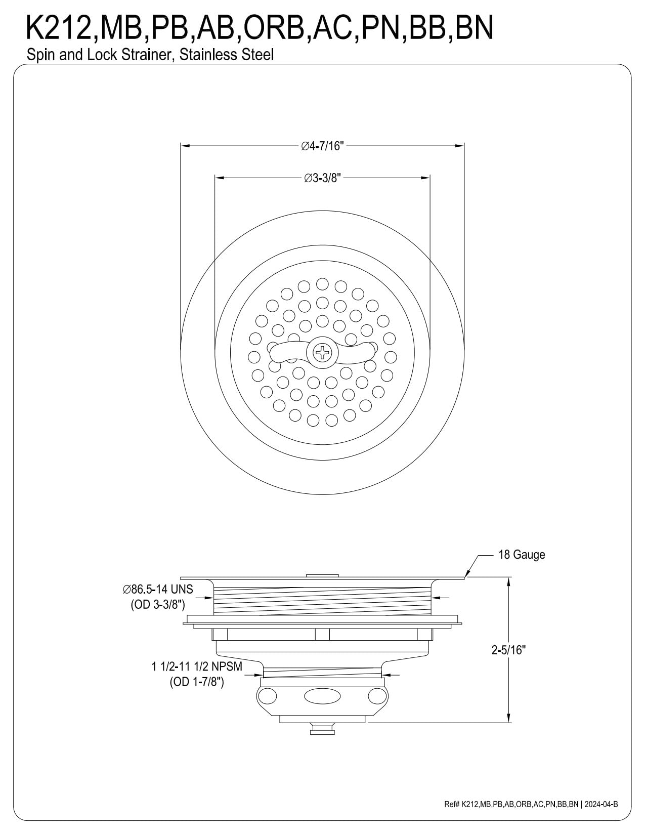 Kingston Brass K212Mb Tacoma Kitchen Sink Basket Strainer, Matte Black