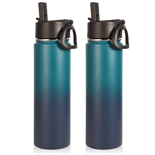 Volhoply Insulated Water Bottles with Straw Bulk 2 Pack  22 oz Stainless Steel Sports Bottle  Double Walled Vacuum Metal Travel Water Thermos  Reusable Water Flask for School Hiking(Dark Night 2 Set)