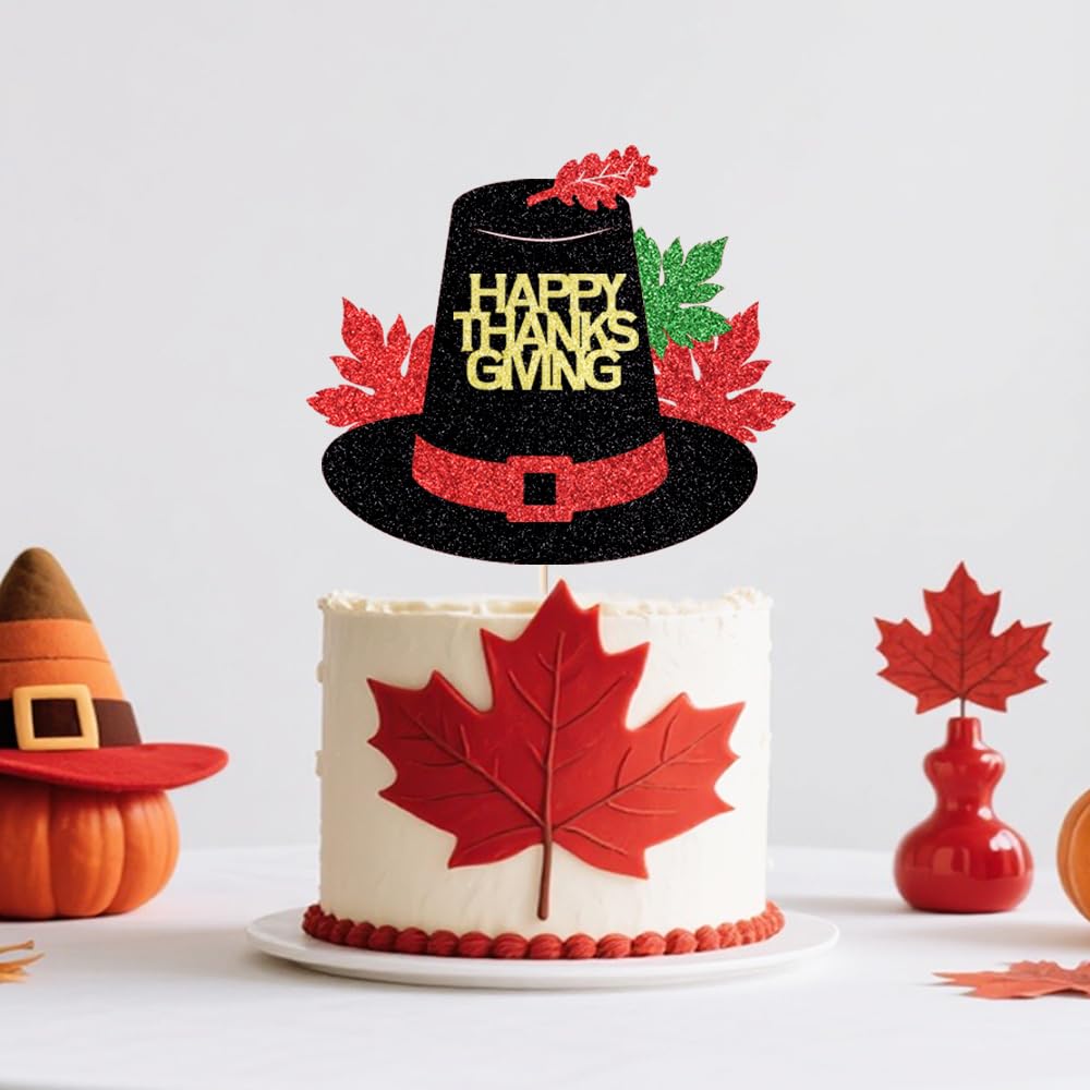 Ruscalin Happy Thanksgiving Cake Topper Fall Party Decorations Happy Friendsgiving Sign Cake Topper Maple Leaves (Thanksgiving,