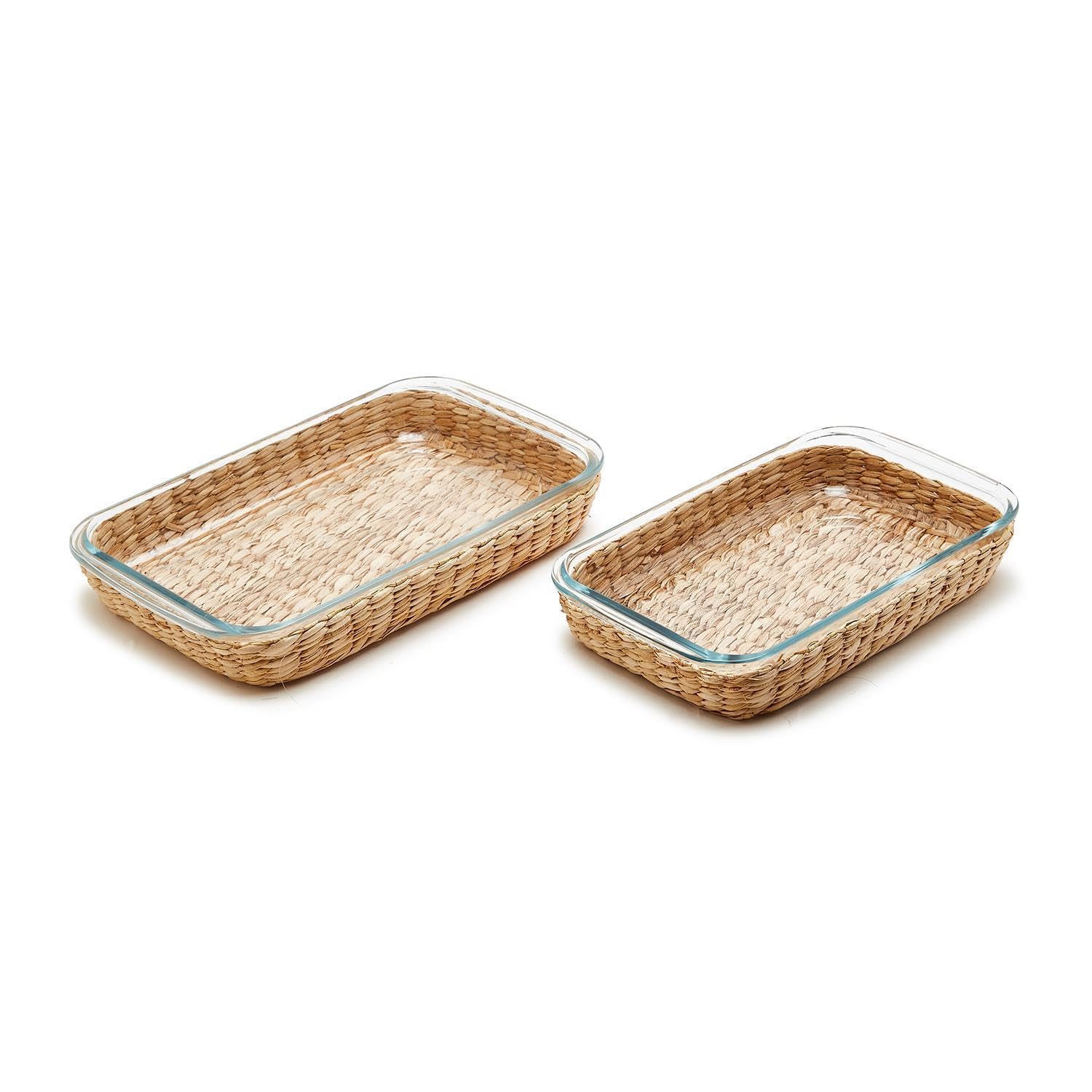 Twos Company Island Chic Set of 2 Borosilicate Glass Baking Dish with Removable Handwoven Lattice, 2.2L and 3L, Glass, Kitchen 
