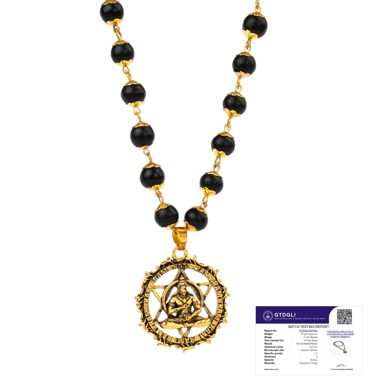 7Mm Golden Capped Karungali Mala With Hanuman Pendant