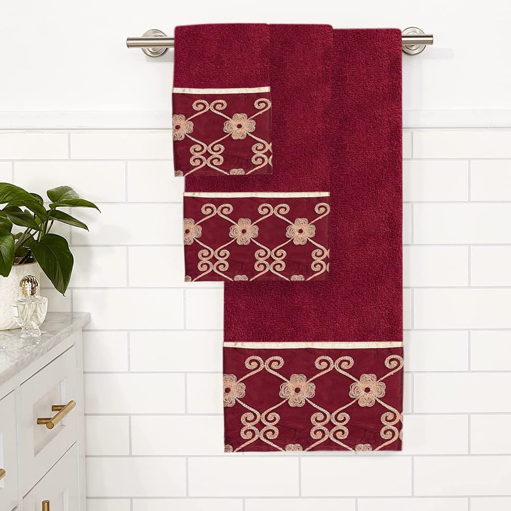 Popular Bath Bath Towels, Vlegant Rosa Collection, 21'' X 12'', Burgundy/Gold