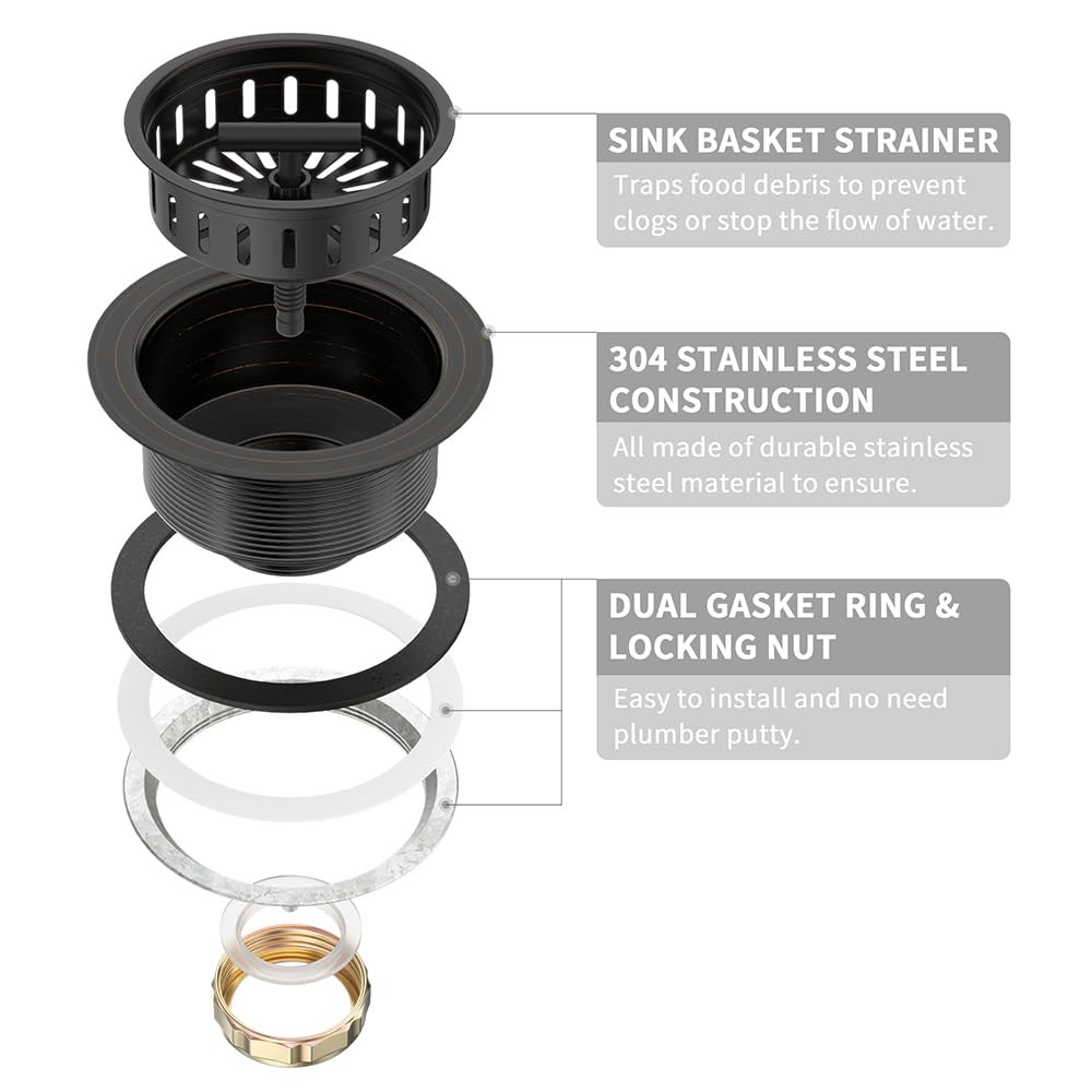 KONE 3-1/2 Inch Bronze Kitchen Sink Drain Oil Rubbed Bronze Stainless Steel Sink Drain Assembly Kit with Strainer Basket/Drain Stopper  Durable ORB Replacement for Standard Commercial Sink Drains