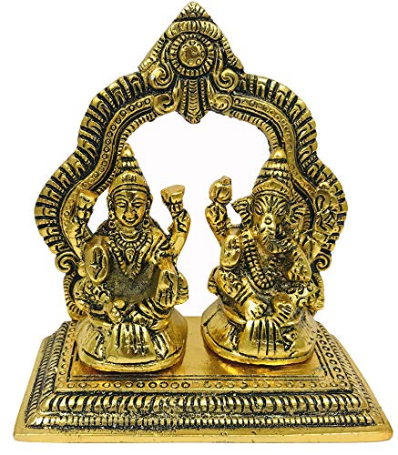Evisha Golden Brass Lord Lakshmi/Ganesha Laxmi/Ganesh With Back Frame Statue Antique Finish Idols Murti Pooja Temple
