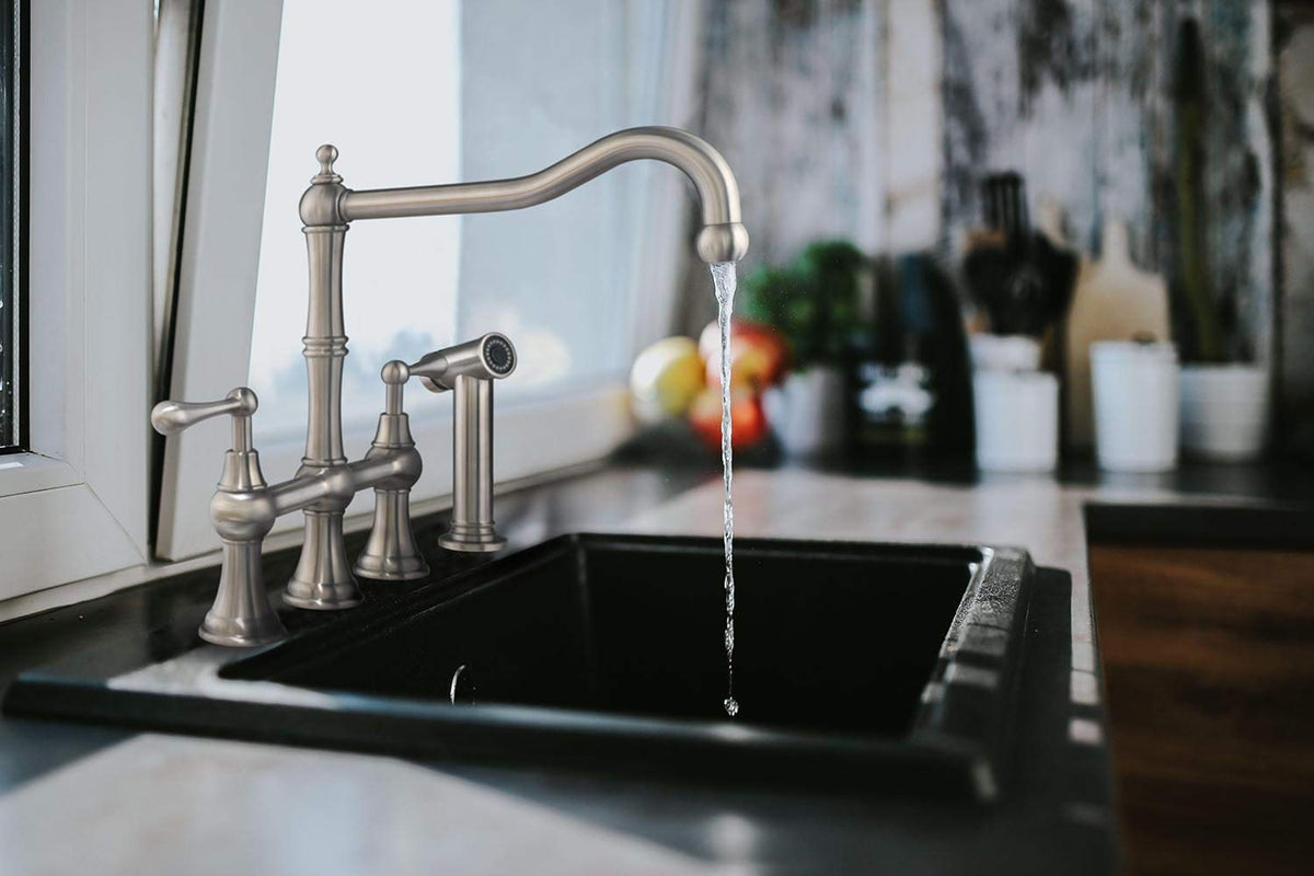 Waterhaus Lead-Free Solid Stainless Steel Bridge Faucet With A Traditional Spout, Lever Handles And Side Spray
