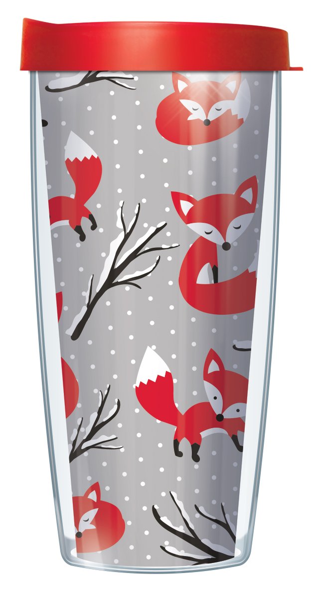 Signature Tumblers Snowy Fox Wrap On Gray 22 Ounce Double-Walled Travel Tumbler Mug With Cherry Red Easy Sip Lid