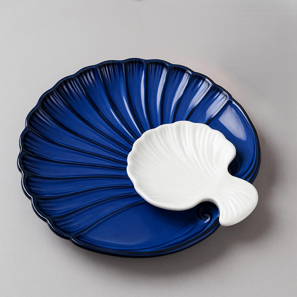Izzylyf Blue Sea Shell Ceramic Platter With Dip Dish Bowl - 28 Cm | Serving Platter Tray For Snacks, Starters, Fruits, Salads & 