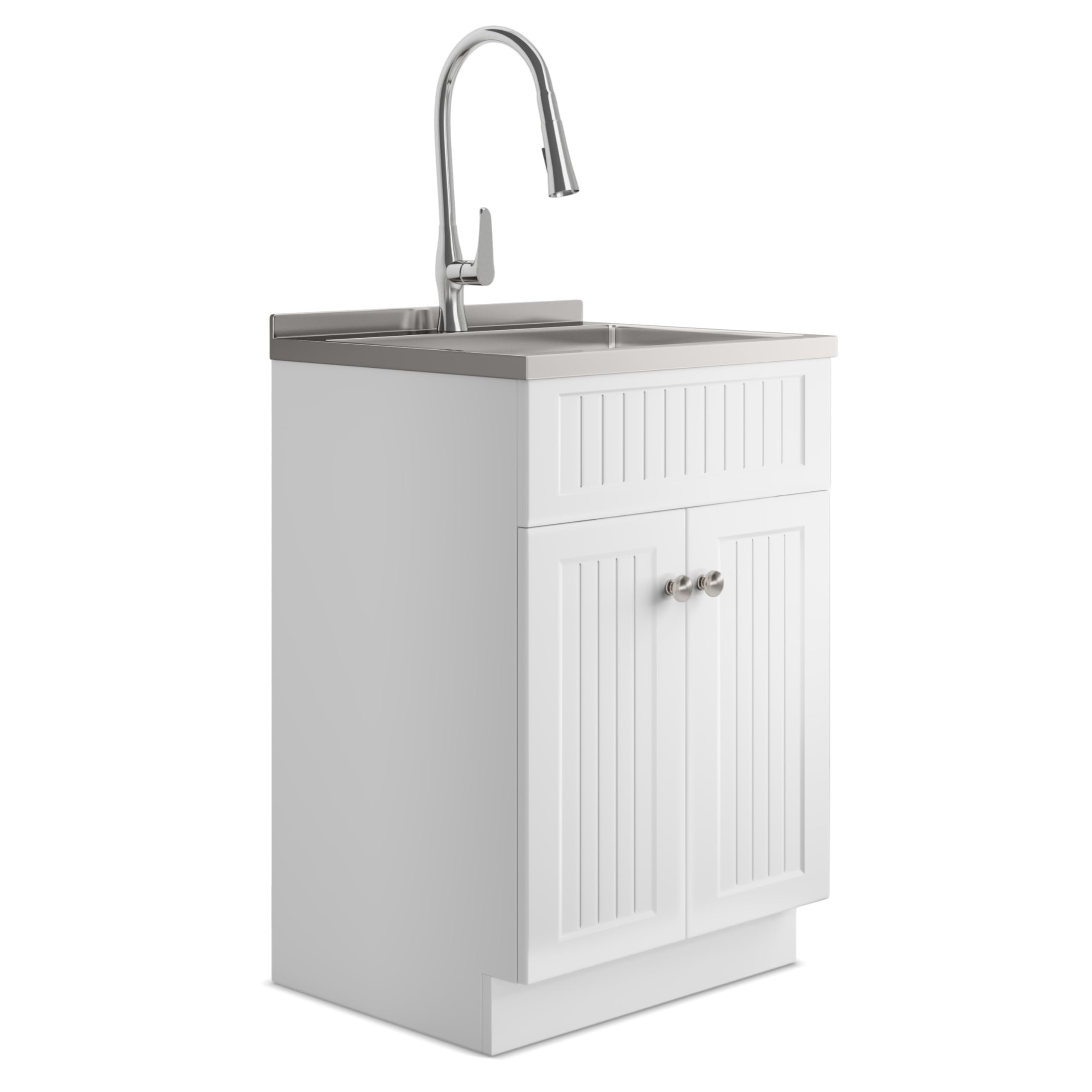SIMPLIHOME Beckham All-in-One 24 inch Wide Utility Sink and Laundry Cabinet in Pure White Finish, Transitional Stainless Steel S