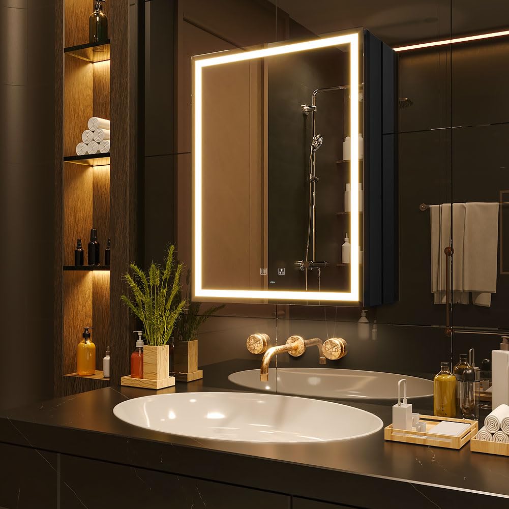 Kww 20 X 28 Inch Led Lighted Bathroom Medicine Cabinet With Sockets & Usbs, Defogger, Dimmable, 3 Color Light Makeup Mirror, Eas