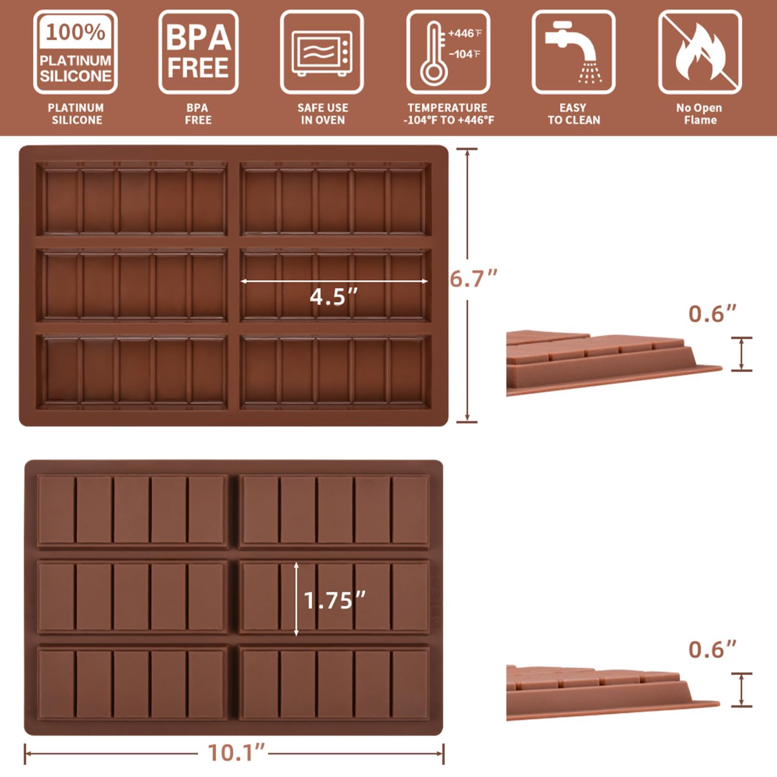 Deep Chocolate Bar Mold, Thick Silicone Chocolate Bar Mold For Stuffed Chocolate Bar, Wax Melt, Candy Bar Mold 2 Pack (5 Snap)