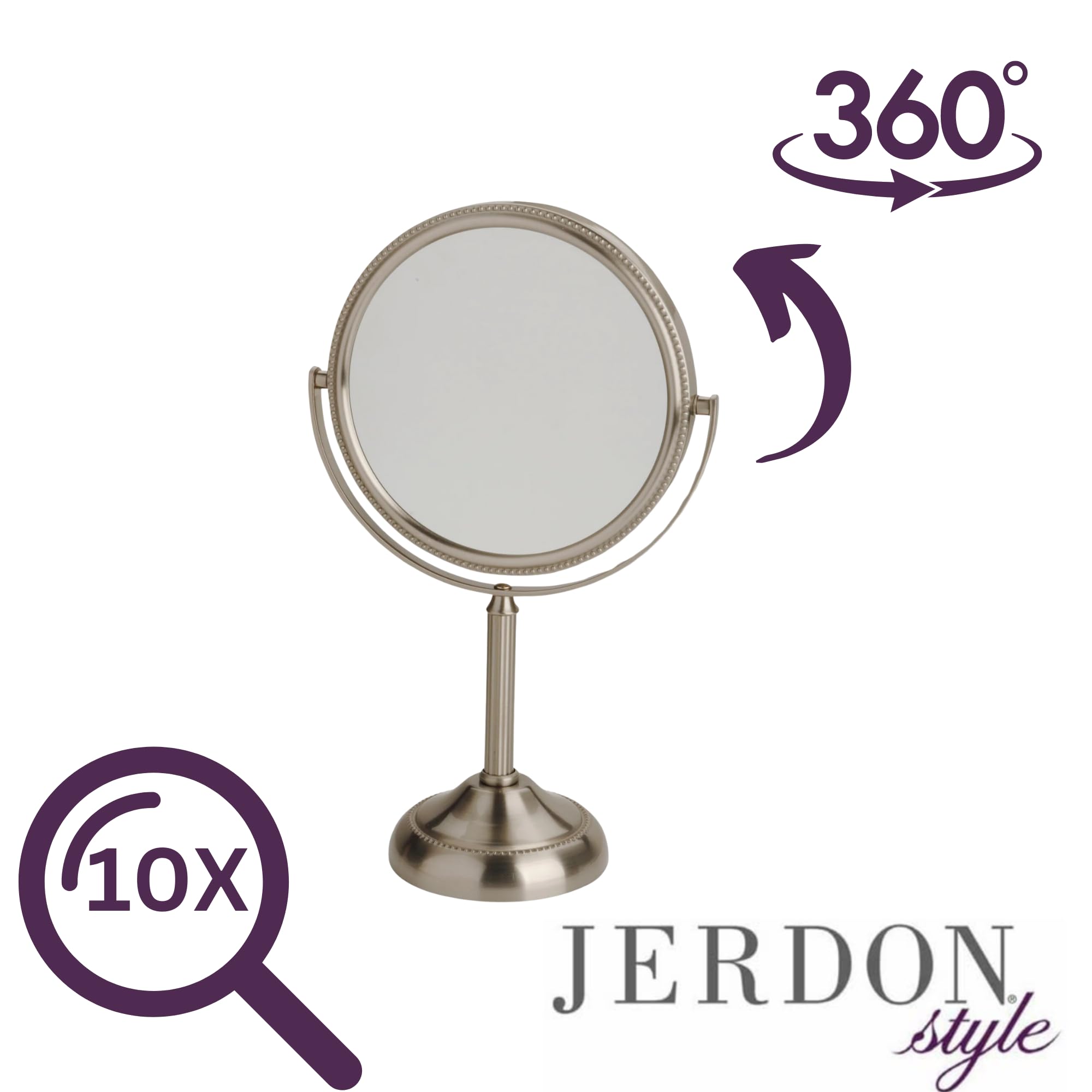 JERDON Two-Sided Makeup Mirror with 10X Magnification, 6-Inch Nickel Finish, Model JP910NB, Portable Swivel Design