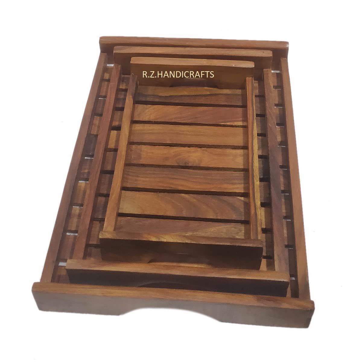 R.Z.Handicrafts Set Of 3 Wooden Serving Trays With Handles, Rustic Nesting Trays Stackable Platters For Serving Cakes, Pastries,