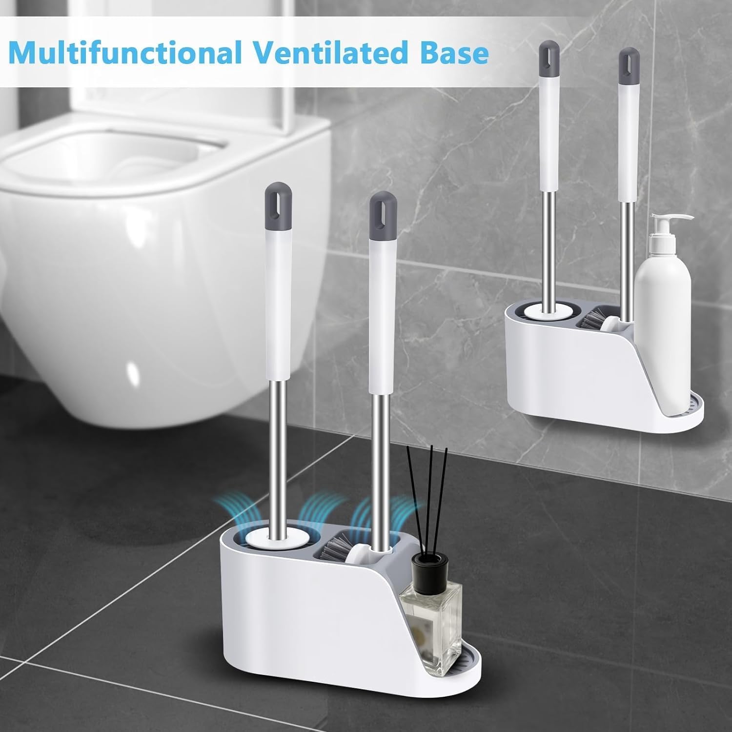 Noridy Silicone Toilet Brush With Holder Set - Free Stand Sleek Cleaner With Ventilated Drying Stand And Adhesive Wall Mounted C