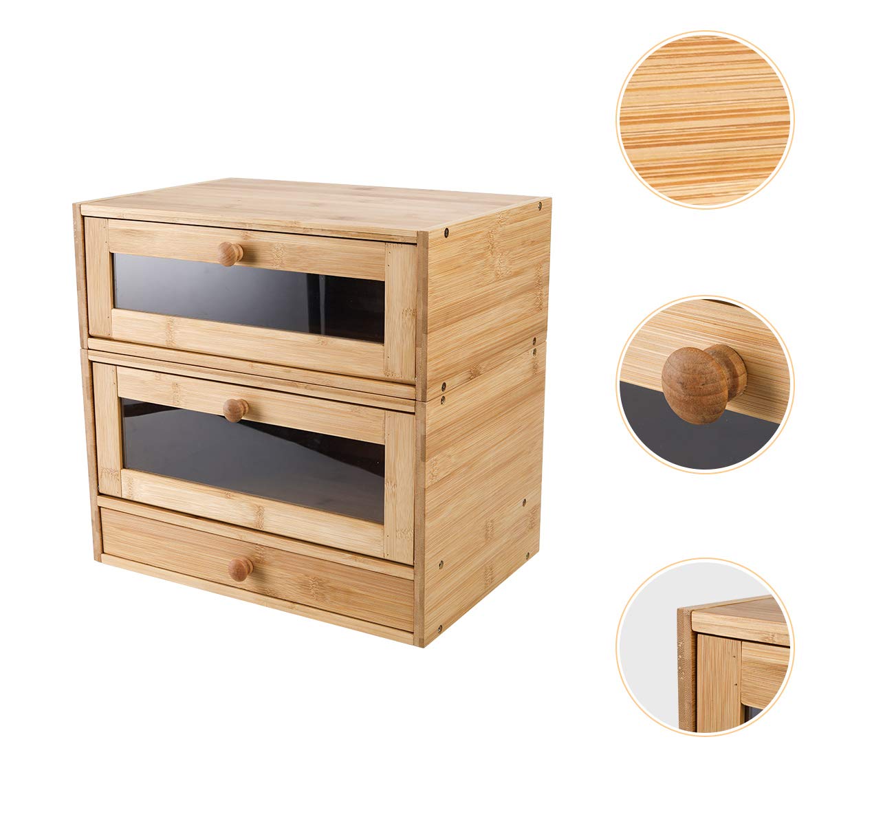 Izlif Bread Box For Kitchen Countertop Removable 2 Layer Natural Bamboo Bread Storage Container With Window And Utensil Flatware