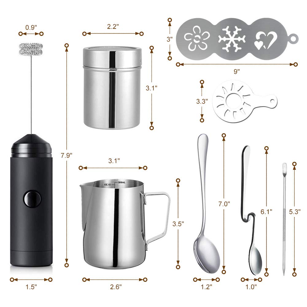 Milk Frother Handheld Coffee Art Set, Electric Coffee Frother With Milk Frother Pitcher, Powder Cocoa Shaker, Coffee Stencils, C