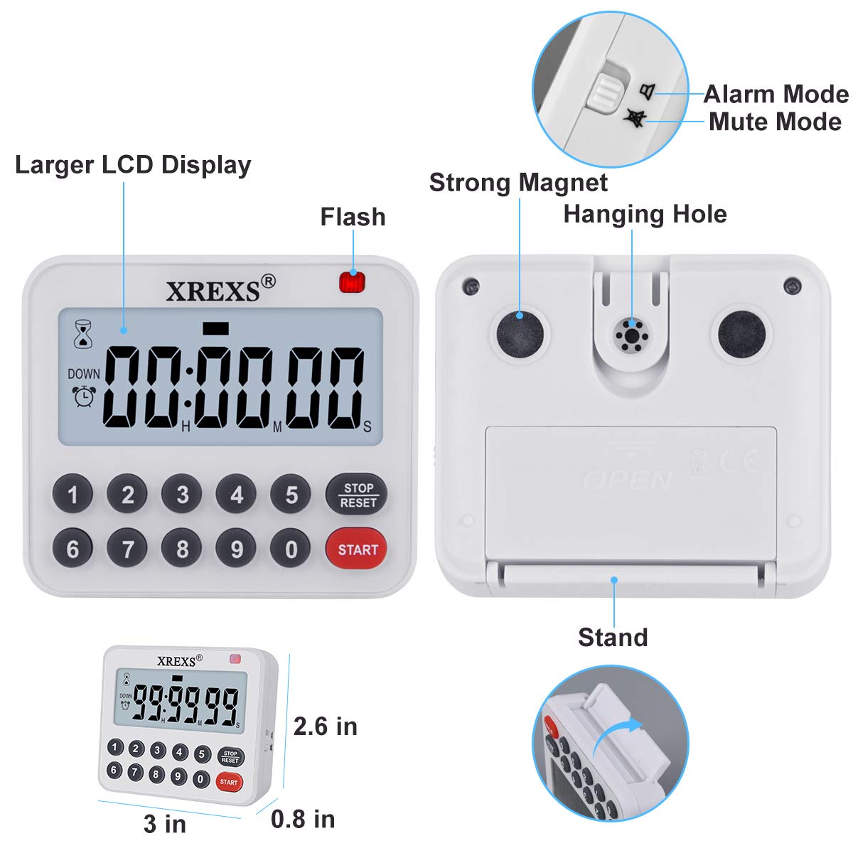 Xrexs Digital Kitchen Timer Magnetic Countdown Up Cooking Timer Loud Alarm And Mute Optional, Magnet And Stand, Large Display Cl
