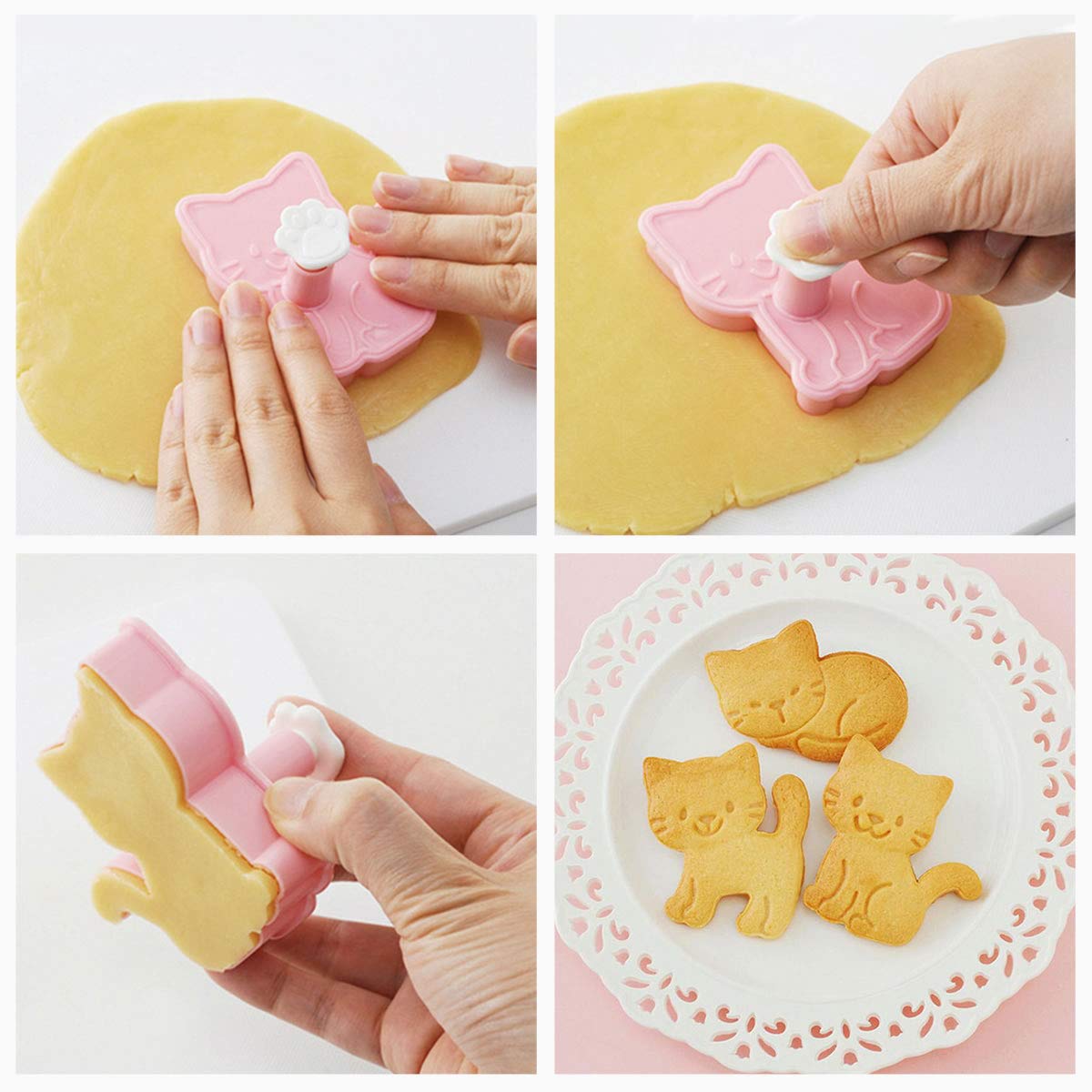 Goodfeer Cookie Cutters Cat Shape, 3 Pcs Animal Cookie Stamps For Baking, Bladeless Baking Molds For Biscuit