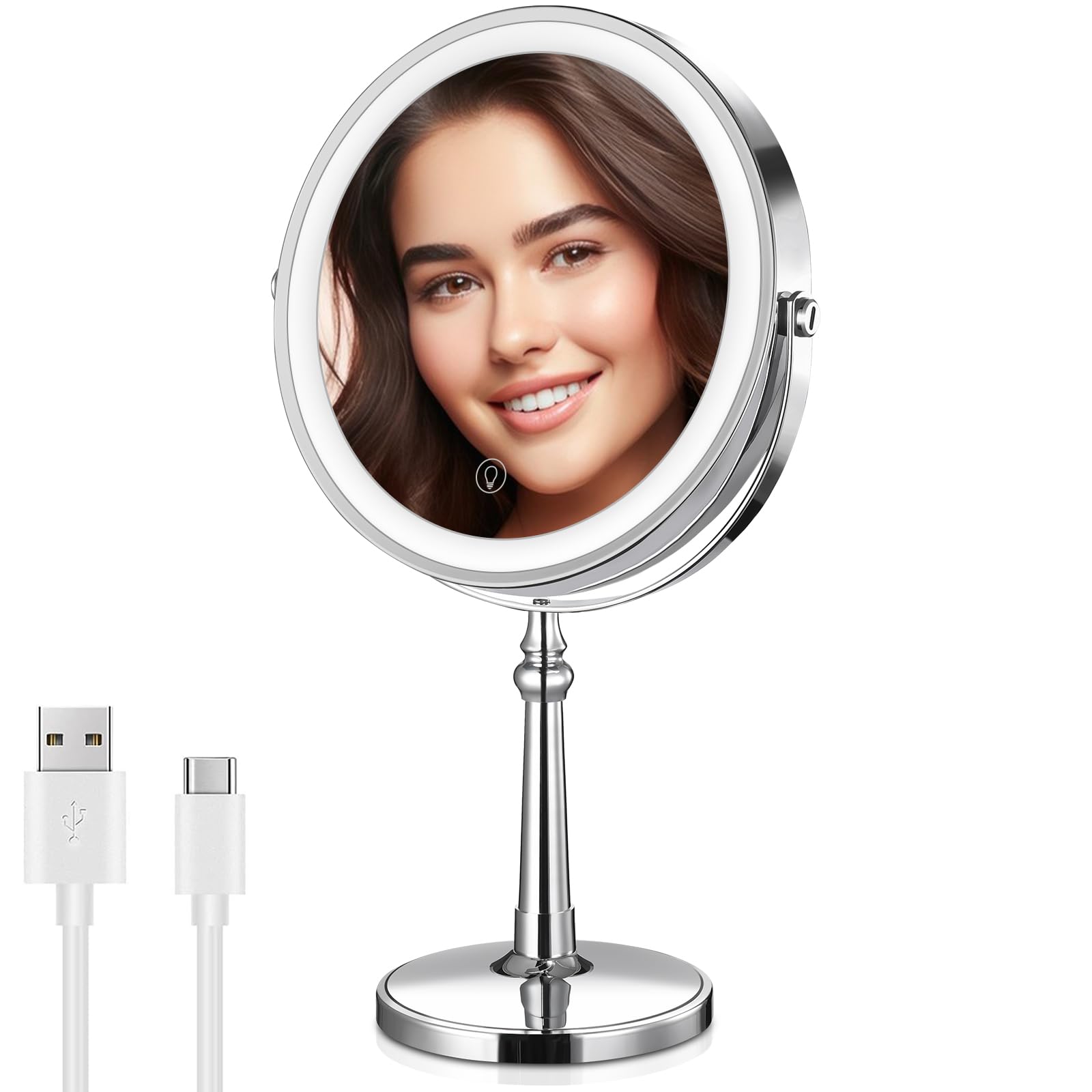 Brightinwd 9'' Large Lighted Makeup Mirror, 1X/10X Magnifying Mirror With Lights, 360 Rotate Touch Screen Vanity Mirror With Lig