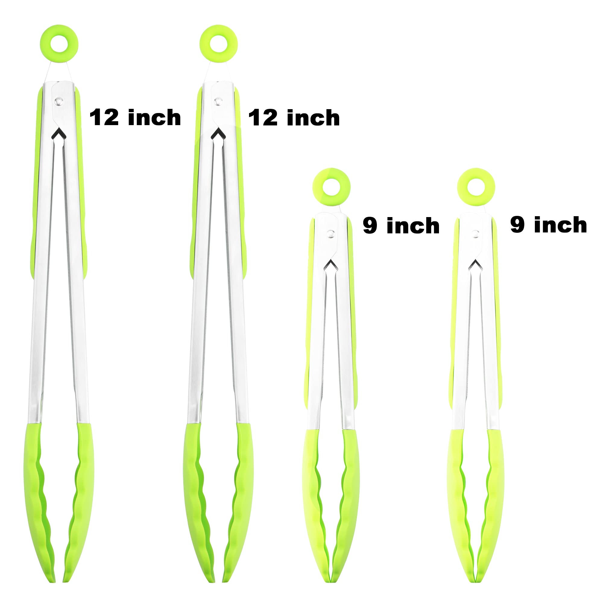 4 Pack Green Kitchen Tongs, Premium Silicone Bpa Free Non-Stick Stainless Steel Bbq Cooking Grilling Locking Food Tongs, 9-Inch