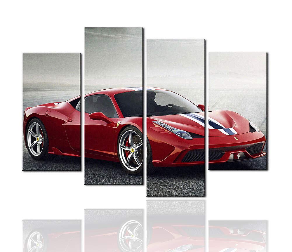 Meigan Art- 4 Pieces Red Sports Car Wall Art Picture Home Decoration Living Room Canvas Print Painting Wall Picture