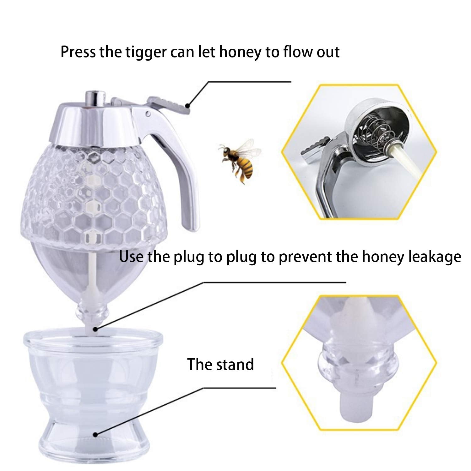 Squeeze Honey Dispenser,Plastic No Drip Maple Syrup Dispenser,Juice Jar Container Bee Drip Dispenser, Honey Pot With Stand,200Ml