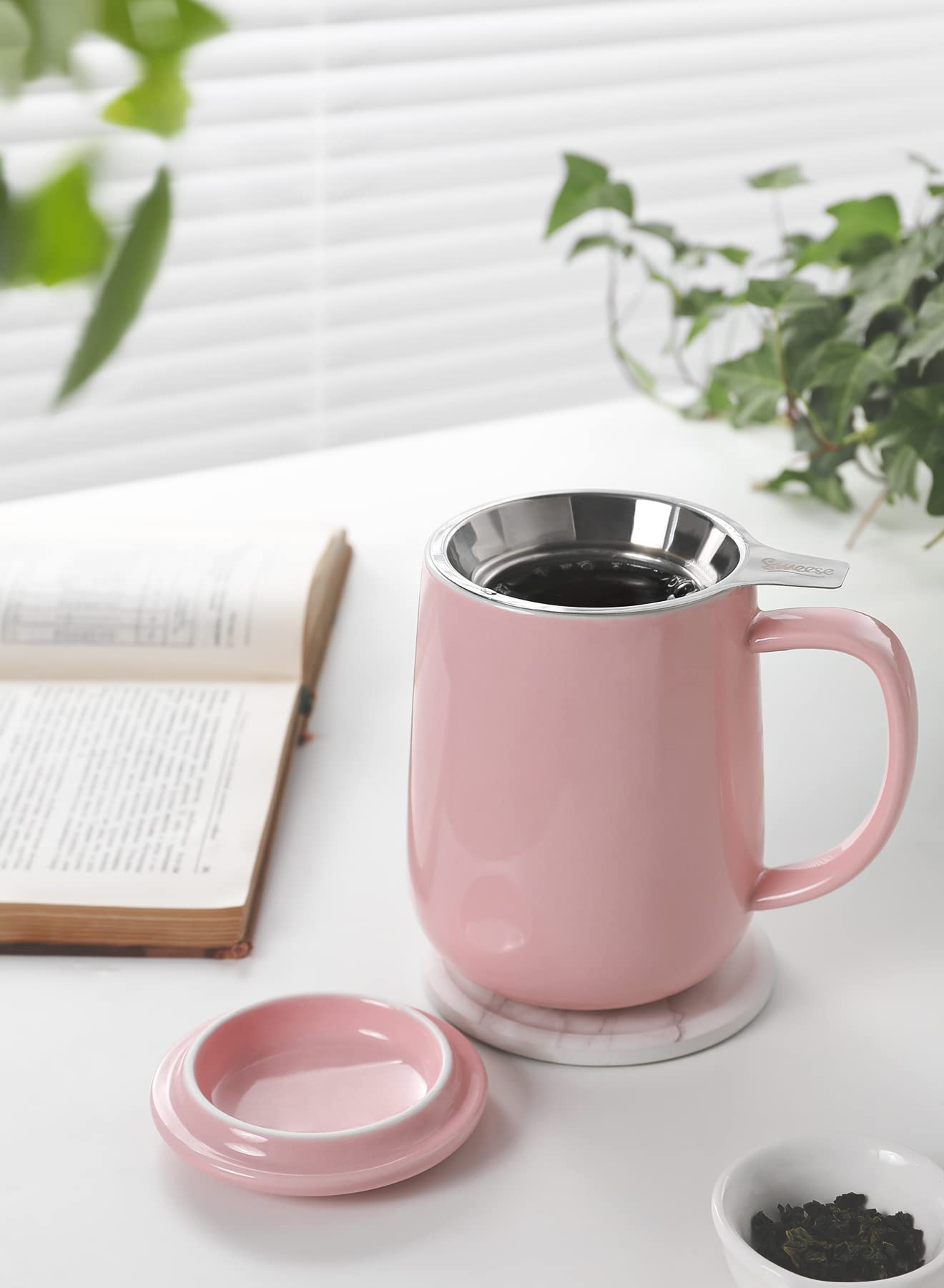 Sweese 20 Oz Porcelain Tea Mug With Infuser And Lid, Loose Leaf Tea Cup, Gifts For Tea Lover - Pink