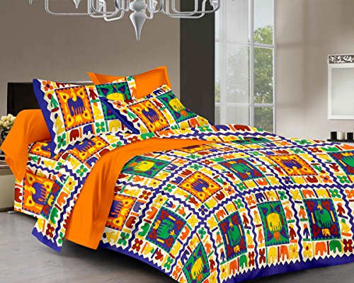 Rajasthanikart Pure 100% Cotton Double Bed Sheet With 2 Pillow Covers (Bedsheet For Double Bed Cotton, Blue Citi Hathijaipuri, K