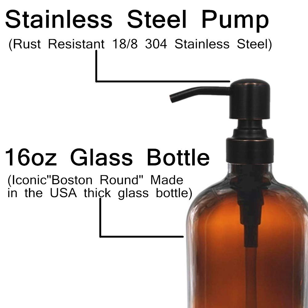 2 Pack 16 Ounce Boston Round Glass Bottles Soap Dispenser With Oil Rubbed Bronze Stainless Steel Pumps