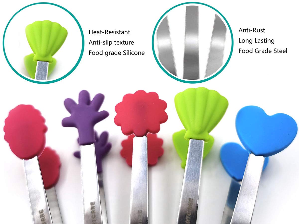 Daycount 5Pcs Stainless Steel Sugar Tong 5-Inch Mini Serving Tongs With Creative Silicone Head, For Tea Coffee Party