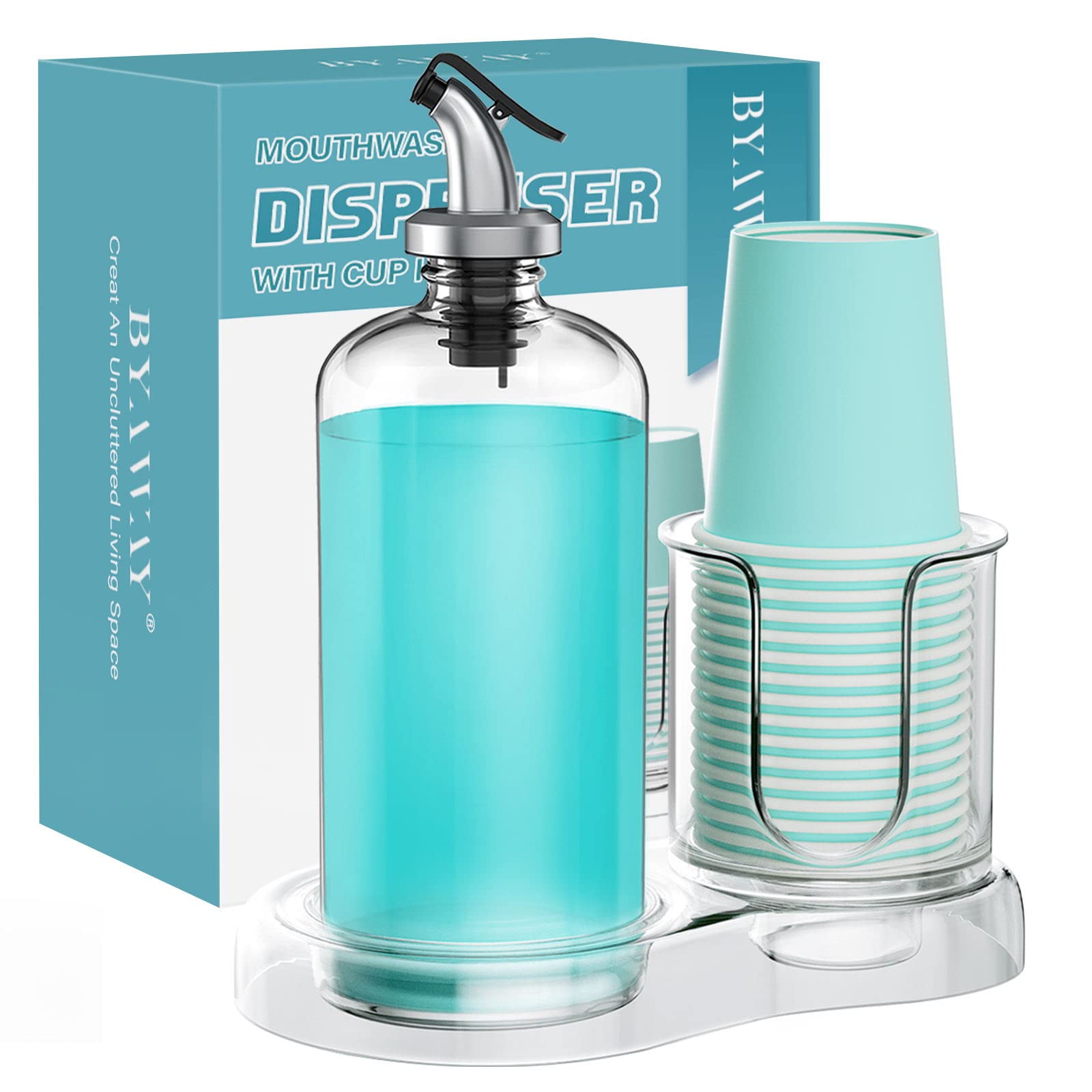 Byaway Mouthwash Dispenser For Bathroom With Cup Holder Detachable Glass Mouthwash Container 16 Oz,Refillable Mouth Washer Dispe