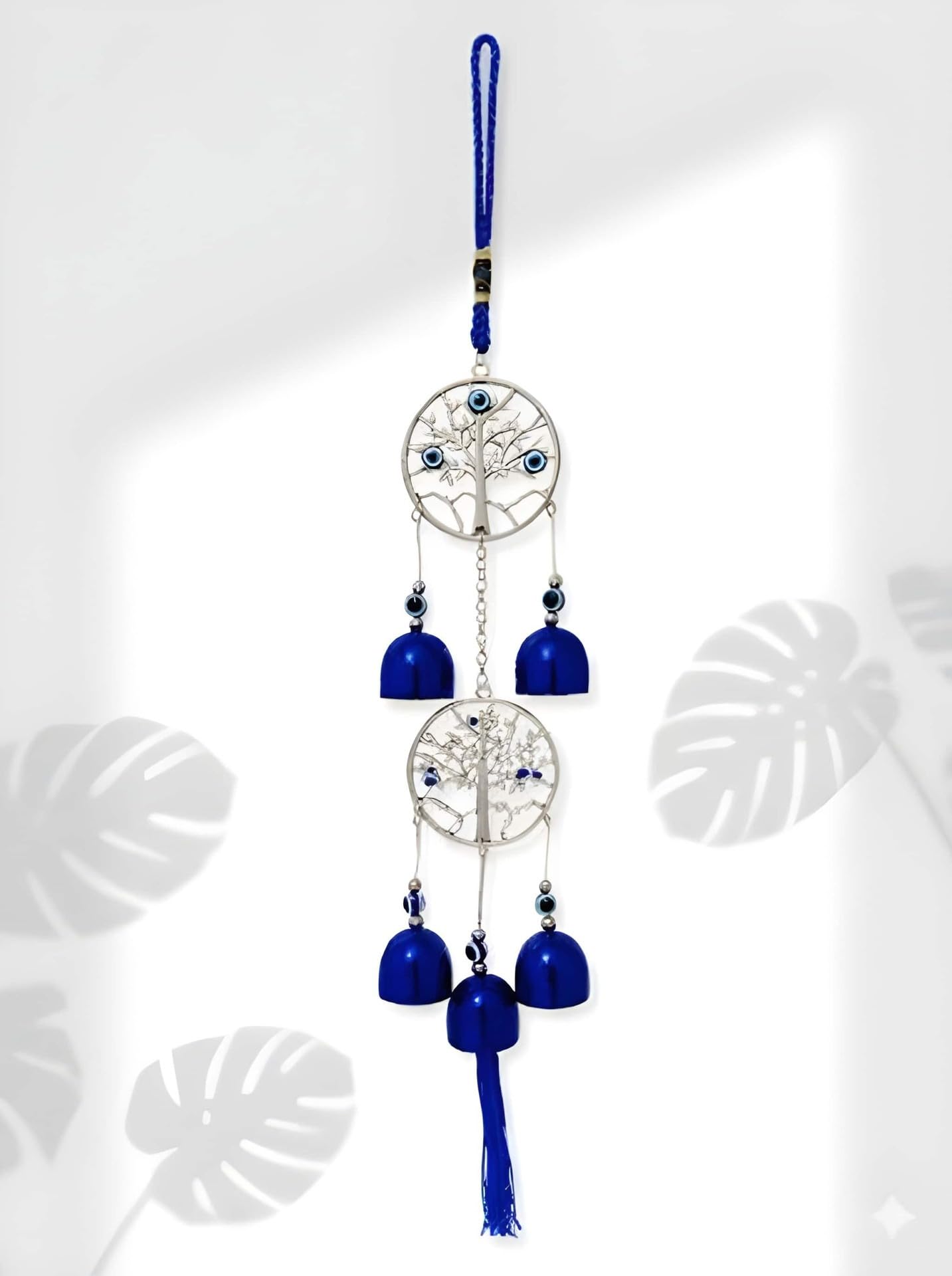 Evil Eye Tree of Life Wind Chime Hanging, Blue Metal Bells