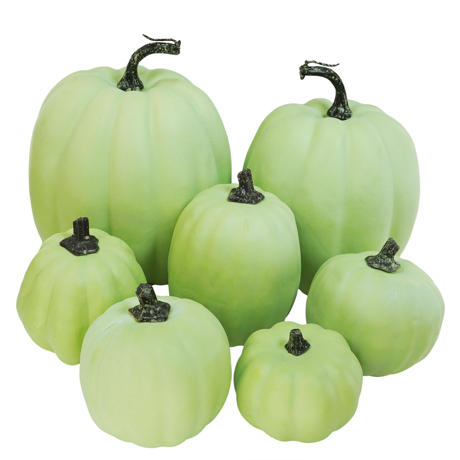 Winlyn 7 Pcs Assorted Light Green Artificial Harvest Pumpkins Decorative Foam Pumpkins for Thanksgiving Halloween Fall Wedding T