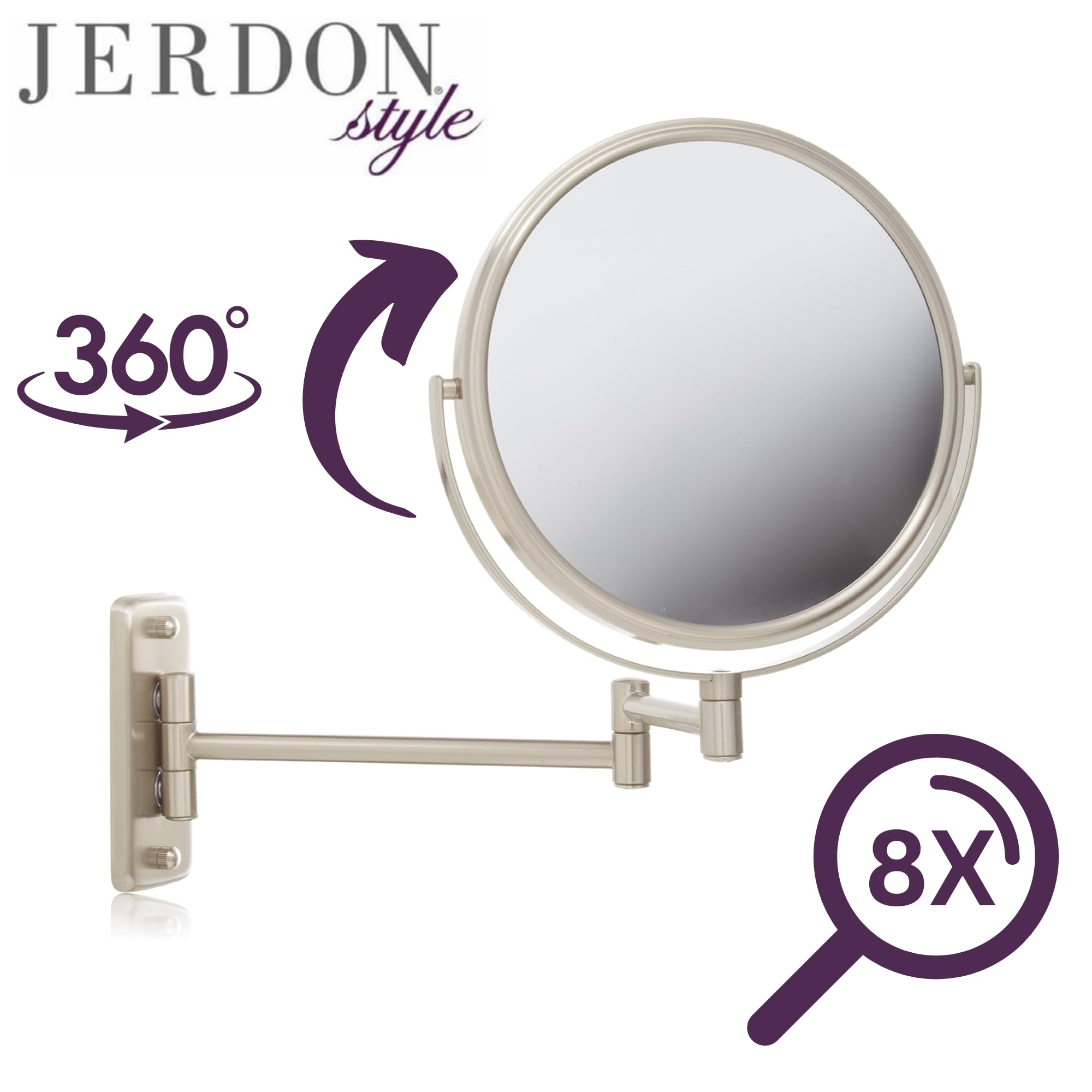 Jerdon 8-Inch Two-Sided Swivel Wall Mount Mirror - Makeup Mirror With 8X Magnification & 13.5 Inch Wall Extension - Nickel Finis
