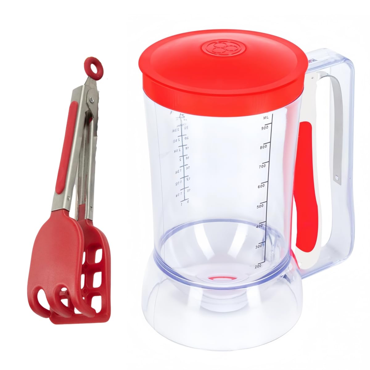Red Waffles Batter Dispenser n Waffle Tongs Combo Set,Get Perfectly Fluffy Waffles Every Time! Batter Measuring Separator for Pa
