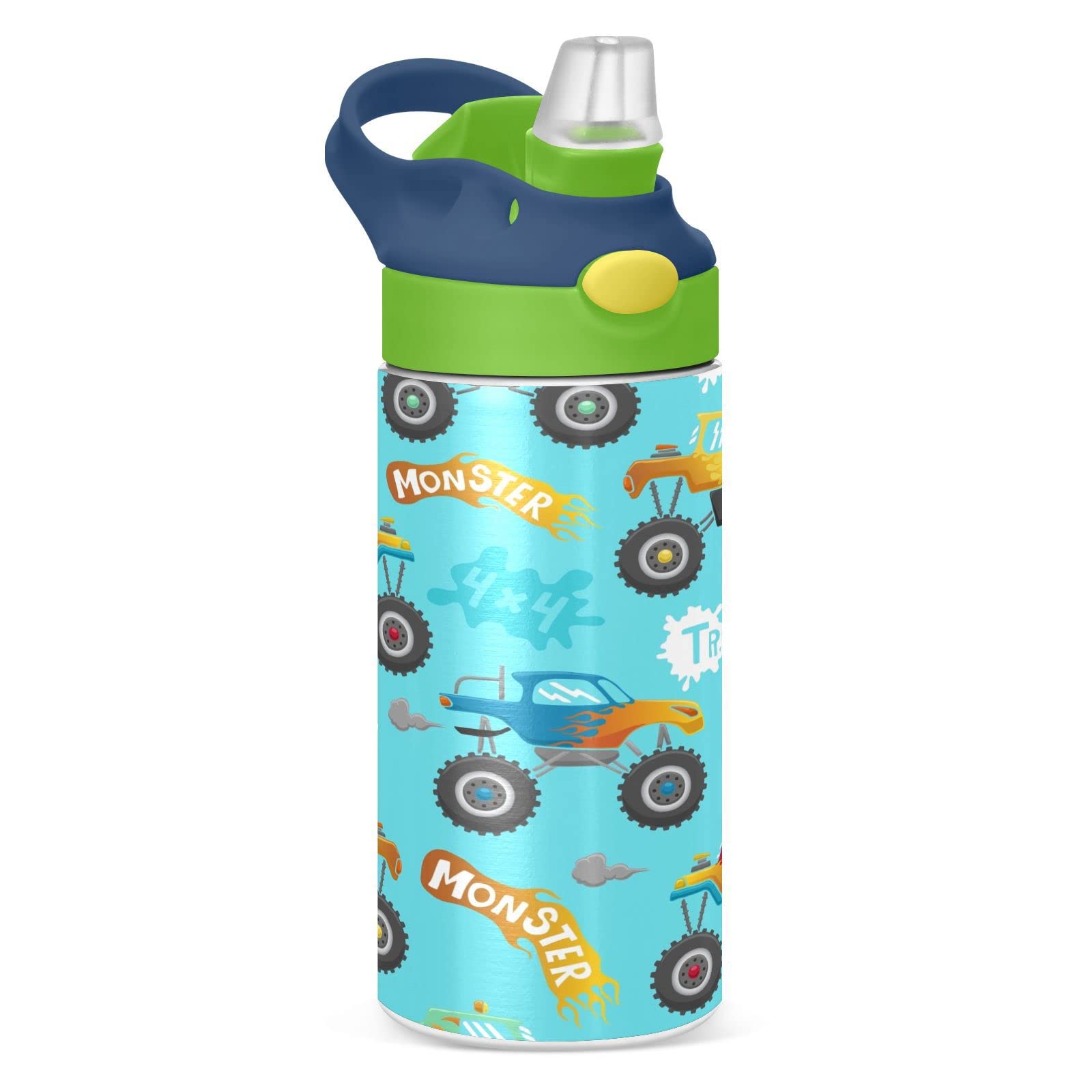 Boccsty Monster Truck Cartoon Car Kids Water Bottle With Straw Lid Insulated Stainless Steel Reusable Tumbler For Boys Girls Tod