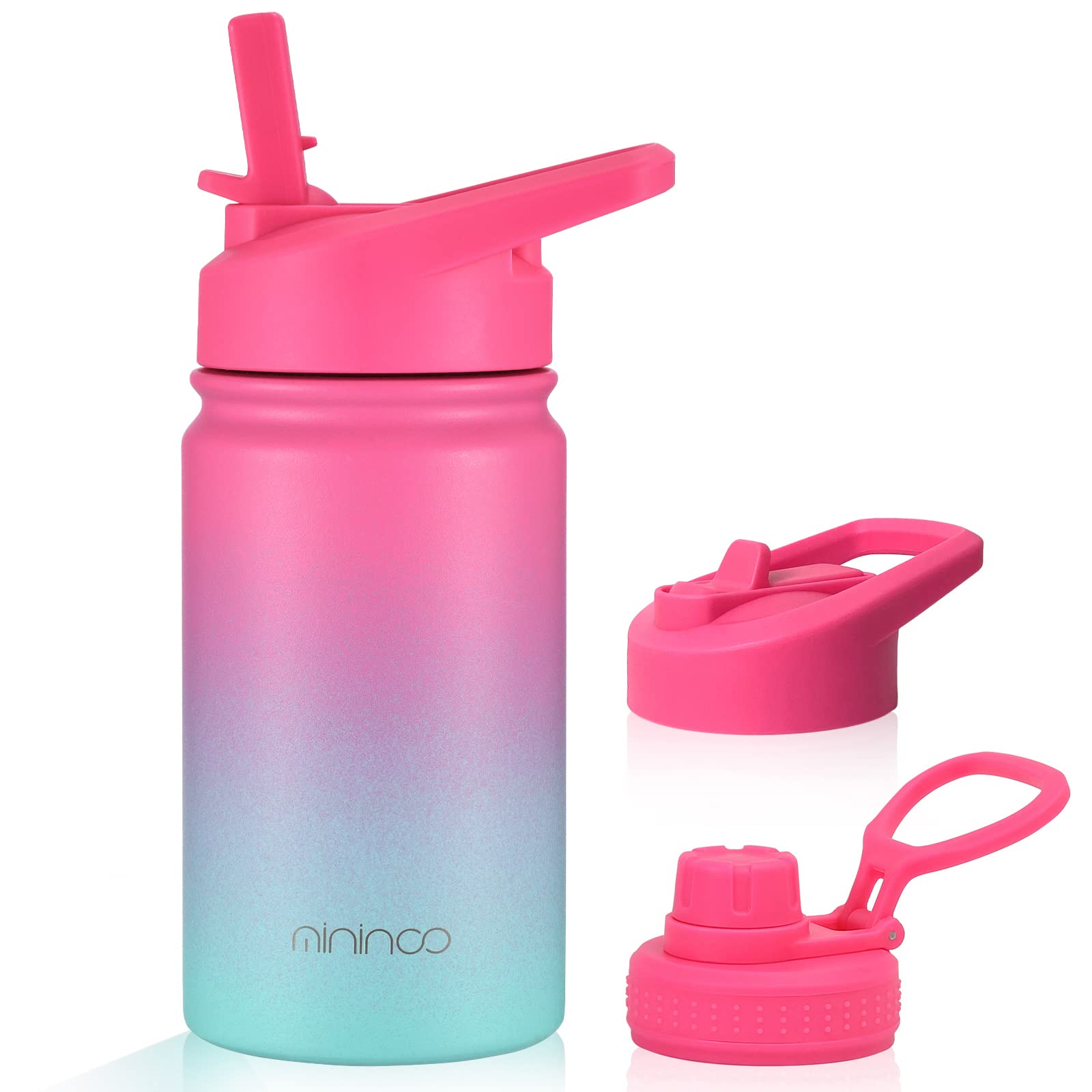 mininoo Insulated Kids Water Bottle for School, 12 oz Stainless Steel with Straw Lid and Chug Lid for Girls, Boys (Punch/Green)