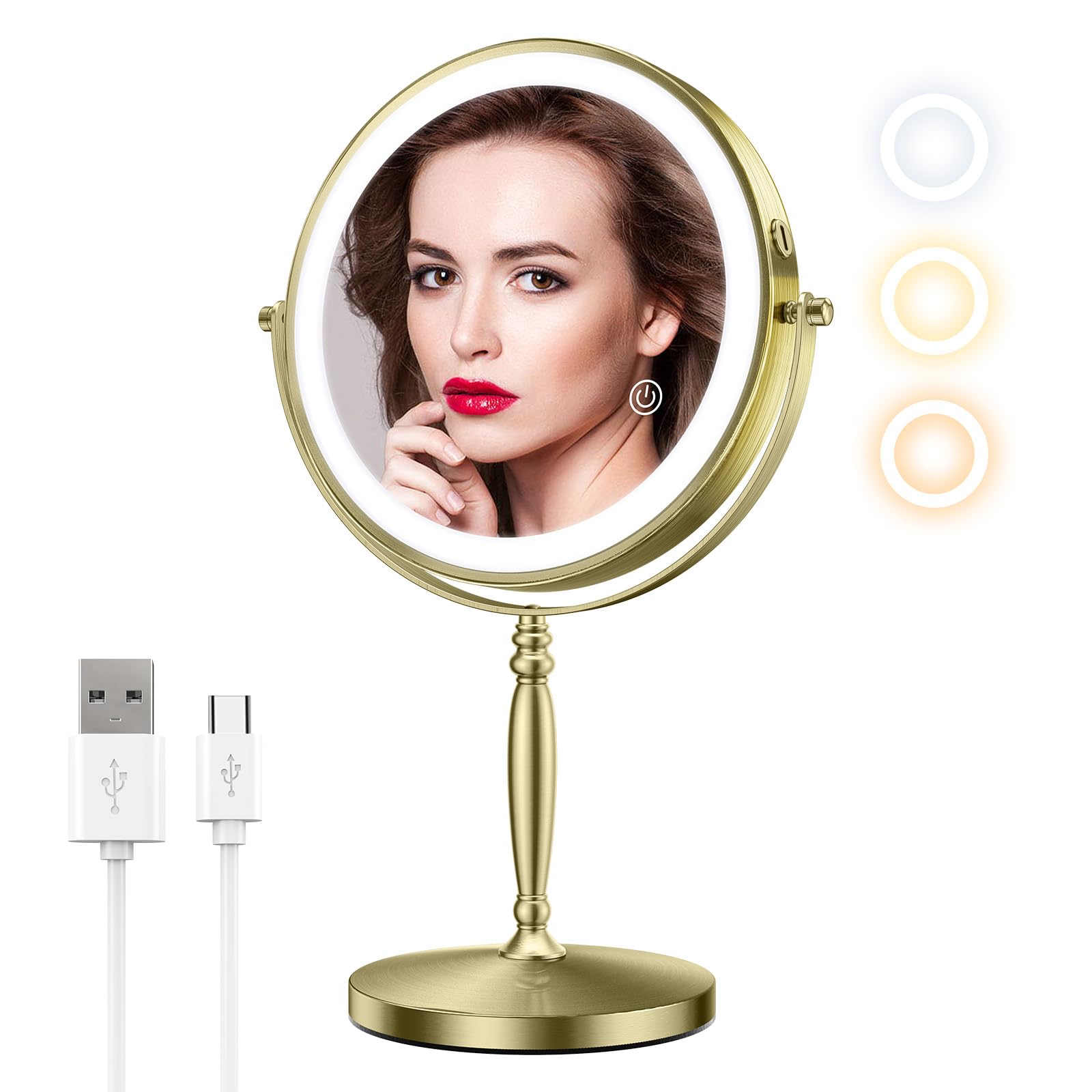 Matekxy 8'' Lighted Makeup Mirror, 1X/10X Magnifying Rechargeble Standing Double Sided Vanity Mirrors With 360Rotation, 3 Colors