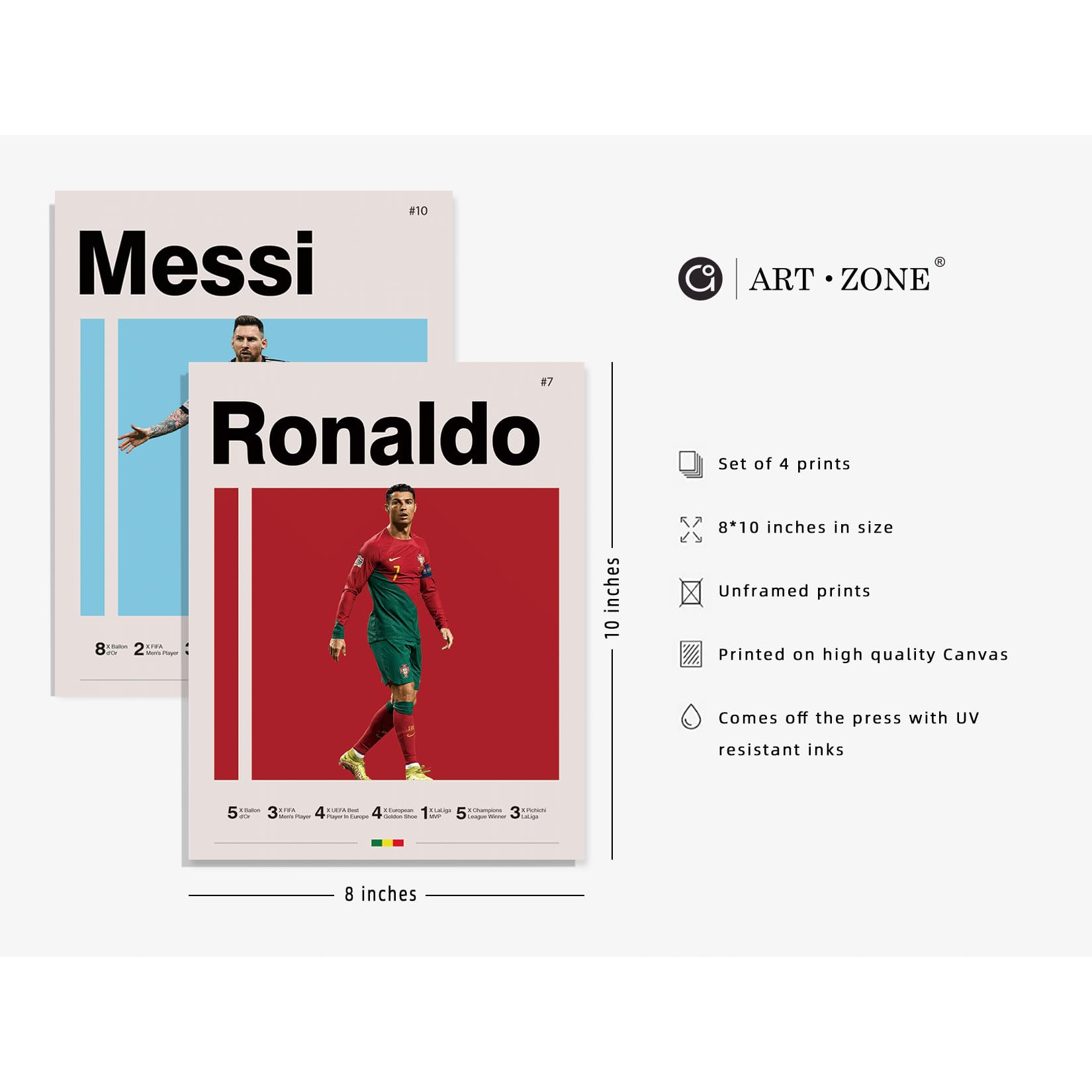 Soccer Posters 8X10 Inch Canvas Prints Unframed Set Of 4 - Messi, Ronaldo, Mbape And Neymar Famous Football Superstar Poster Spo
