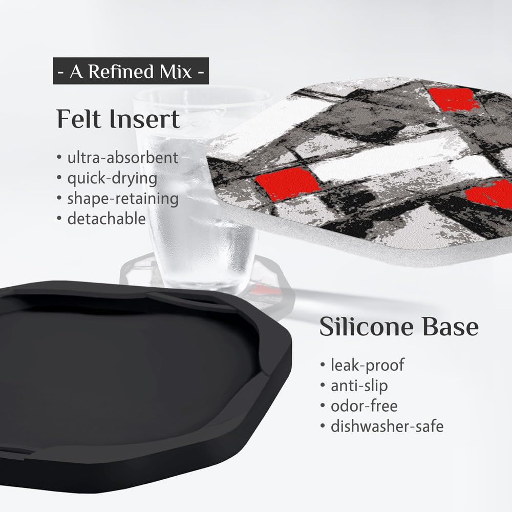 Umirro Cool Modern Absorbent Drink Coasters For Coffee Table, Black And Red, 4'', Set Of 4