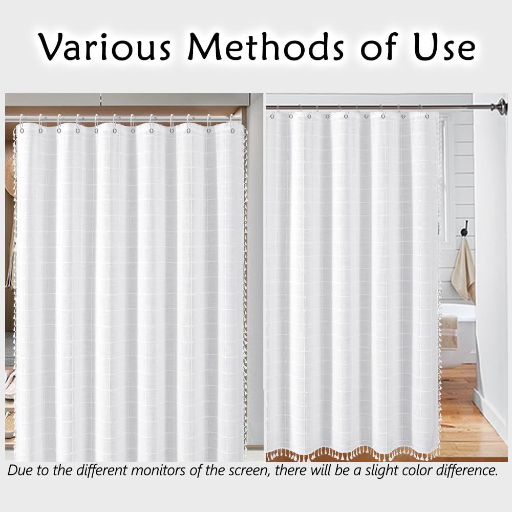 Ggaimwf White Striped Fabric Shower Curtains Farmhouse Boho Plaid Luxury Bath Curtains For Bathroom Bohemian Neutral With Tassel