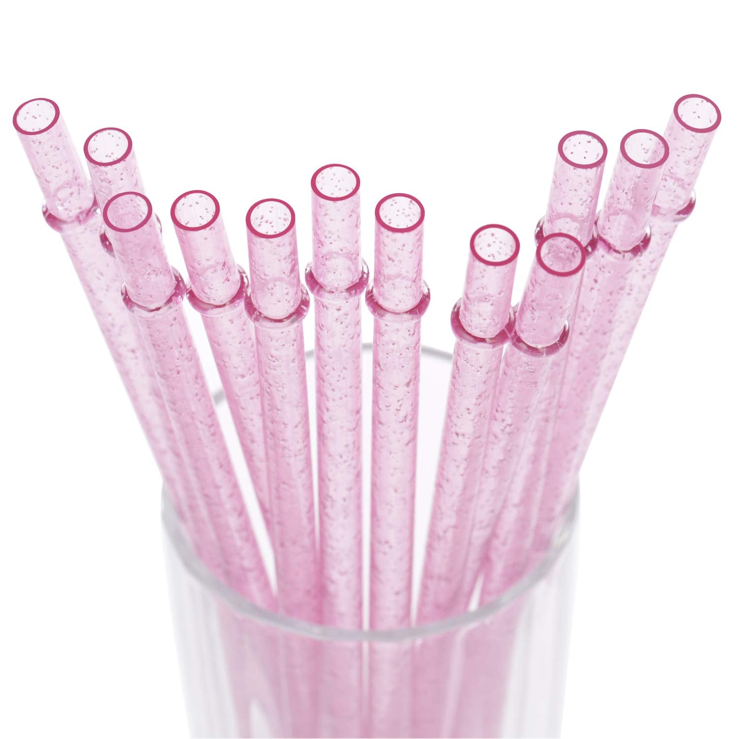 Dakoufish BPA-Free 12 Piece 11 Inch Reusable Clear Plastic Glitter Sparkle Drinking Straw Plus one Cleaning Brush (Pink,11inch)