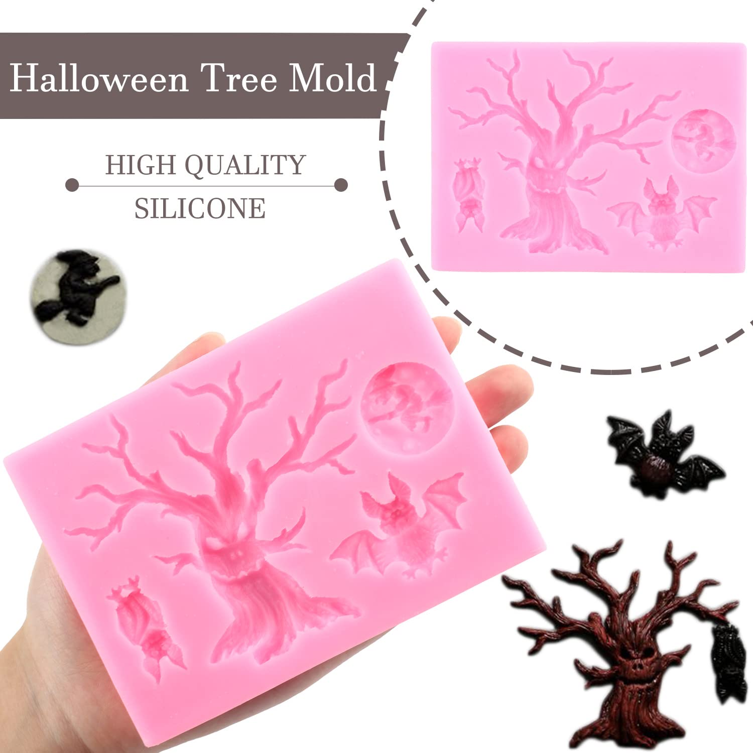 Mujiang Halloween Tree Cat Owl Silicone Mold Witch Bat Fondant Mold For Cake Decorating Candy Chocolate Polymer Clay Gum Paste S