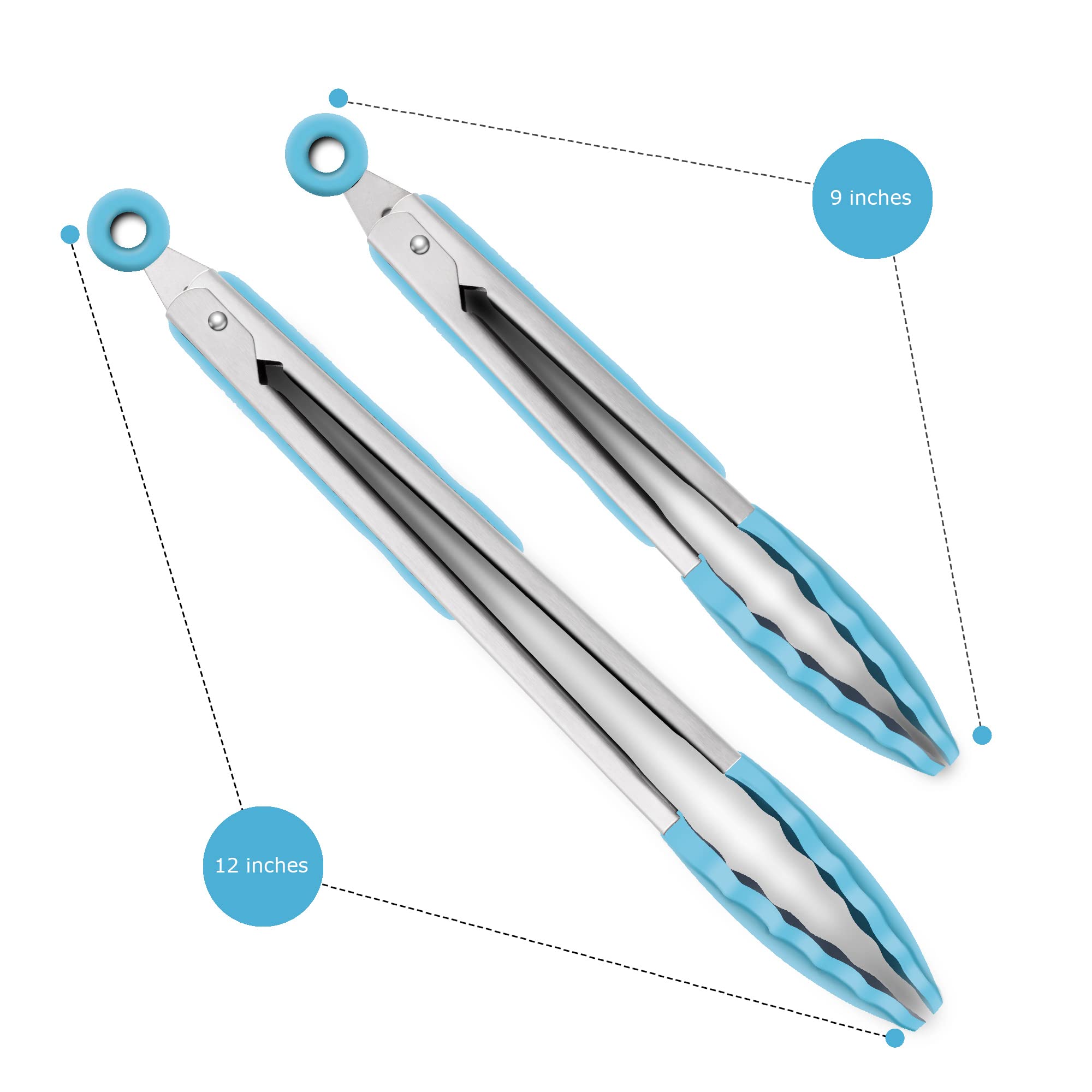 Set Of 2 Kitchen Tongs, Premium Stainless Steel Locking 9-Inch & 12-Inch Silicone Grilling Barbeque Cooking Food Tong, Blue