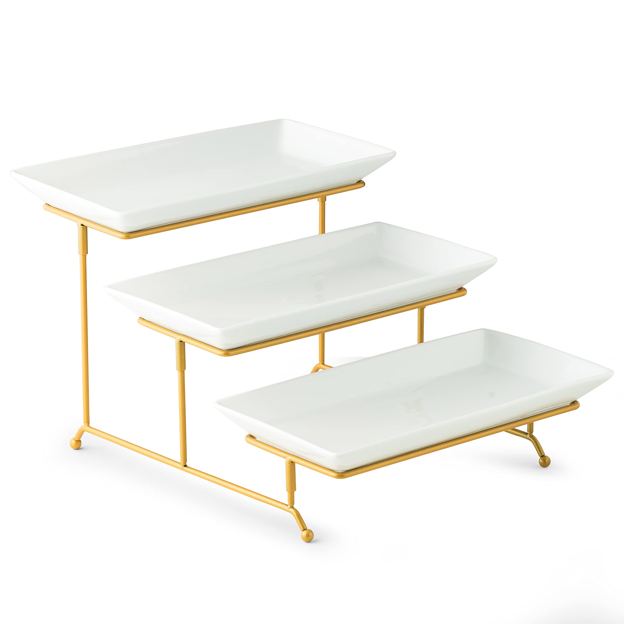 Gomakren 3 Tier Serving Stand With Porcelain Serving Platter Tray - Collapsible Gold Stand With 3 Piece Large14 Inch White Plate