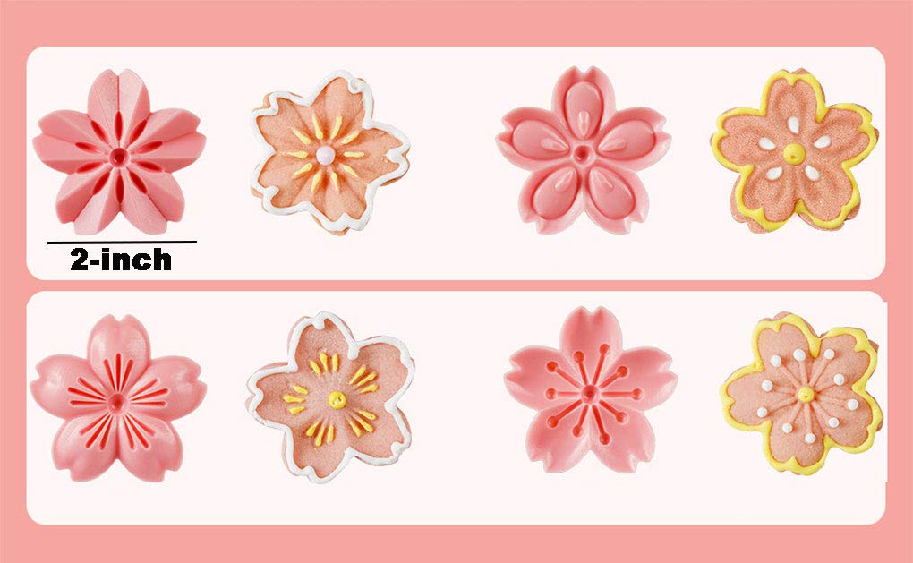 Goeielewe Pastry/Cookie/Fondant Stamper, 2-Inch Press Cookies Mold With 4 Stamps Pink Cherry Blossom Shape Flower Hand Pressure