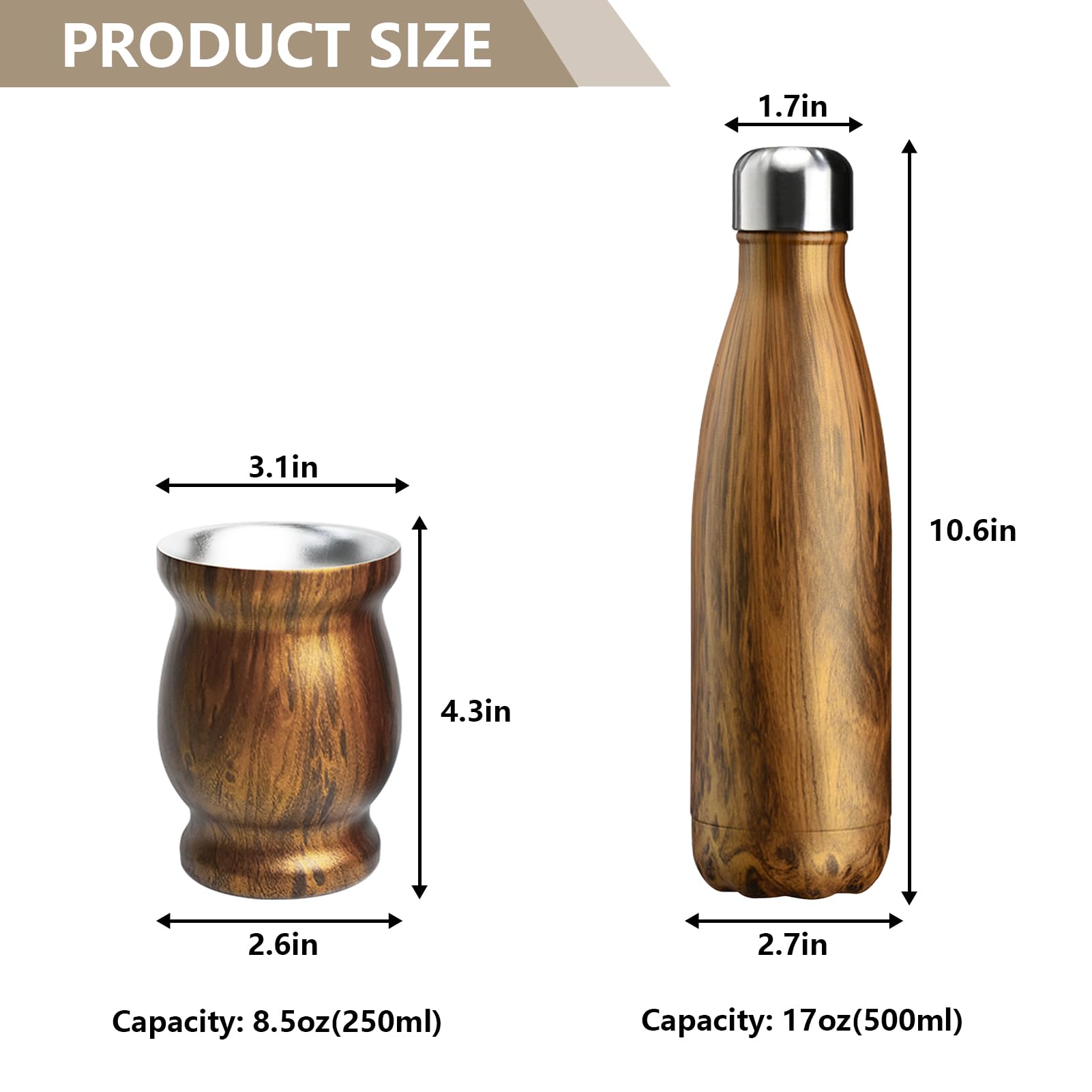 Artcome 5Pc Stainless Steel Yerba Mate Cup Set - 1 8.5Oz Stainless Steel Double-Wall Mate Cup, 1 17Oz Thermos, 2 Bombillas (Yerb