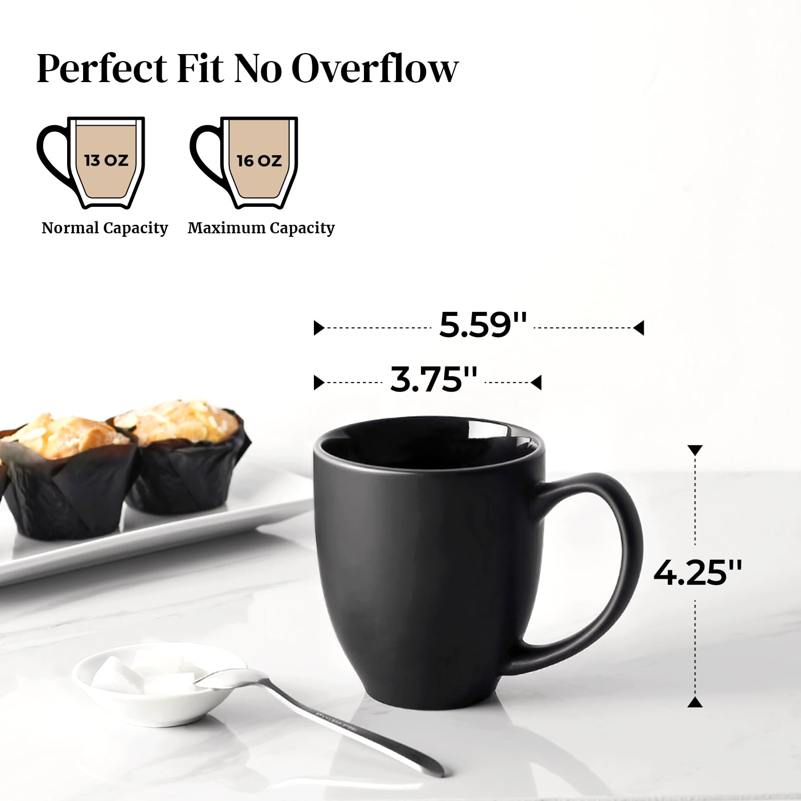 DOWAN Coffee Mugs, Black Coffee Mugs Set of 6, 16 oz Ceramic Coffee Cups with Large Handles for Men Women, Porcelain Big Mug for